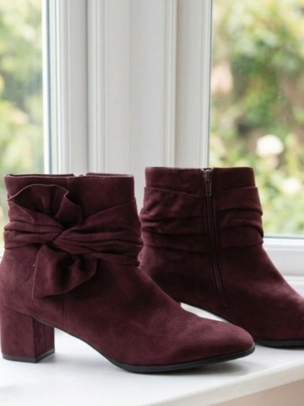 Qupid Burgundy Suede Knot-Detail Ankle Booties